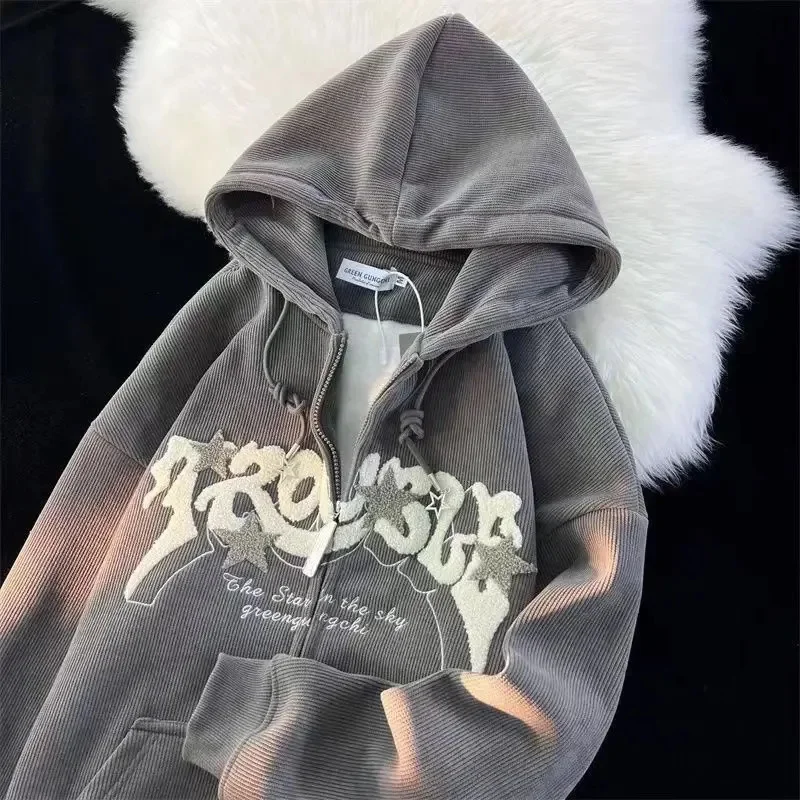 Women Letter Printed Hoodies Autumn Vintage Zip Up Loose Hooded Sweatshirts Harajuku Y2K Long Sleeve Jacket Clothes