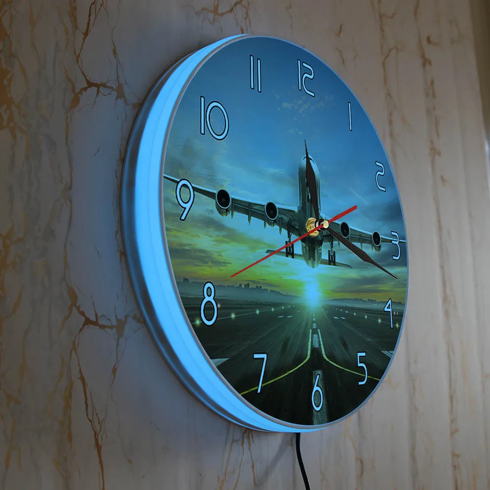 Airplane Take Off LED Backlit Wall Clock Man Cave Home Decor Flying Aircraft City Skyline Sunset View Wall Watch Aviator Gift