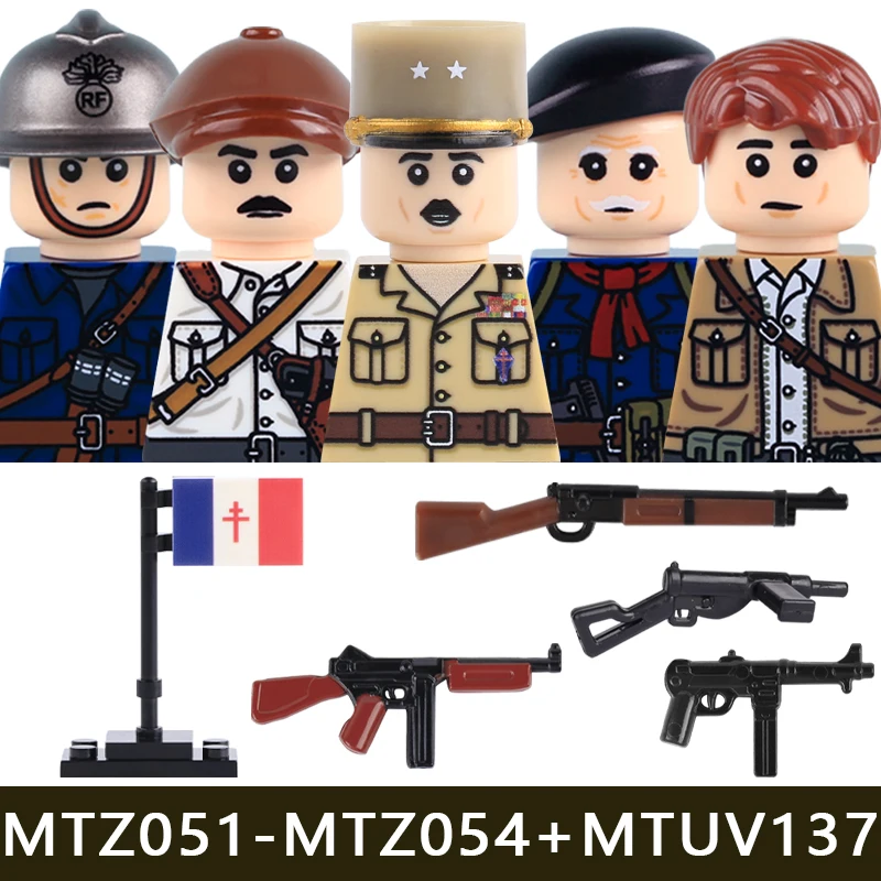 Militärische französische Soldaten- und Offiziers-Bausteine, Armee-Infanterie-Führer, historische Krieger-Zubehörteile, Helm, Gewehr, Flagge, Bausteine, Spielzeug – Detail 4