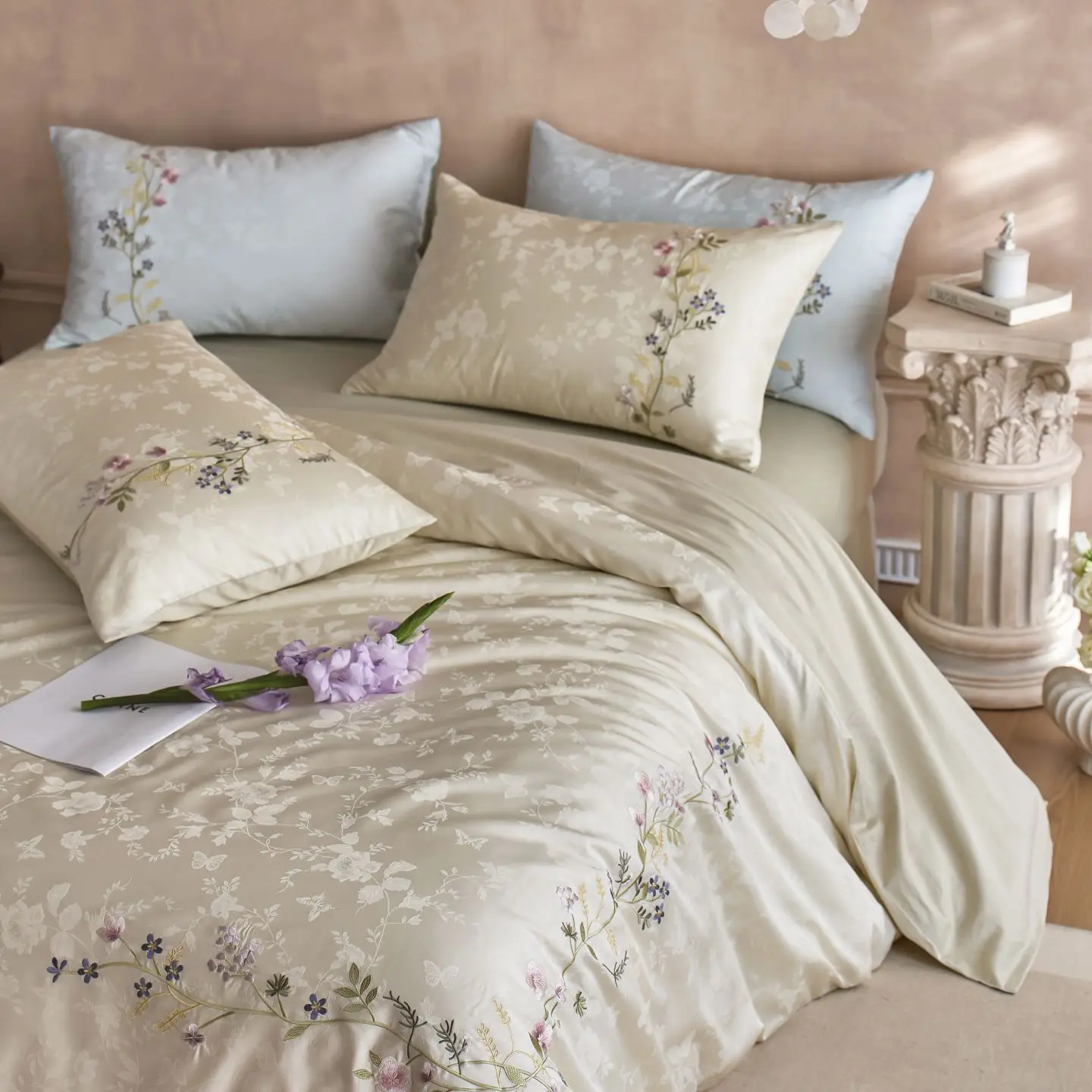 1000TC Egyptian Cotton Butterfly Flowers Jacquard Floral Embroidery Bedding Set Duvet Cover Flat/Fitted Bed Sheet Pillowcases