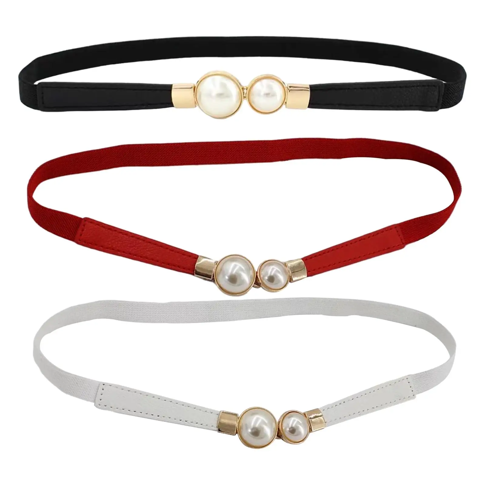 2-4pack Pearl Elastic Belt Thin Leather Women Waist Belt Dress Skirt Decor Red