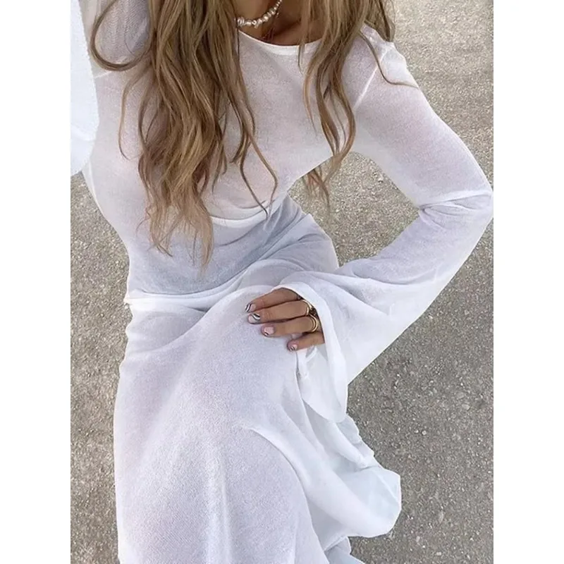 Vestido largo transparente sin espalda para mujer, elegante vestido de playa de cintura alta con manga larga empalmada blanca