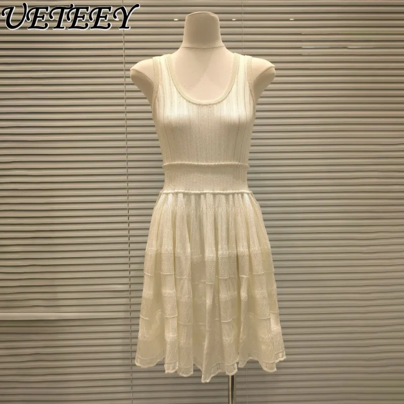 

Summer New Fashion Temperament Pleated Slimming Dresses Hollow U-neck Suspender High Waist Sleeveless Knitted Dress