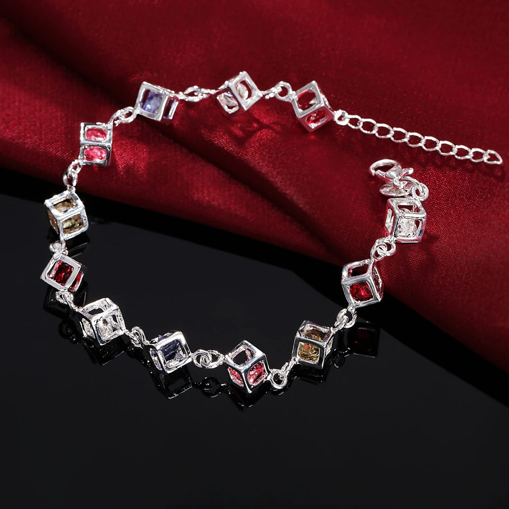 Hochwertige 925 Sterling Silber Armbänder für Damen, Hochzeitsgeschenk, Modeschmuck, Charm-Armband mit Bunten Zirkonia-Kristallen