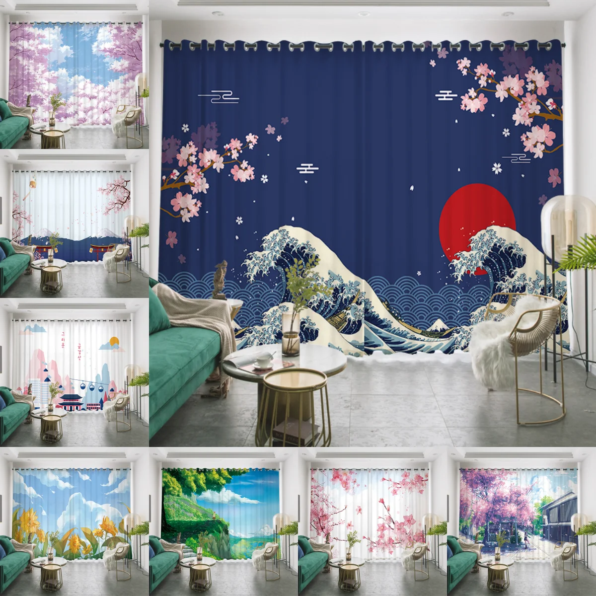 Custom Curtain Japanese Anime Mount Fuji Cherry Blossom Landscape Painting Japanese Restaurant Living Room Bedroom Curtain