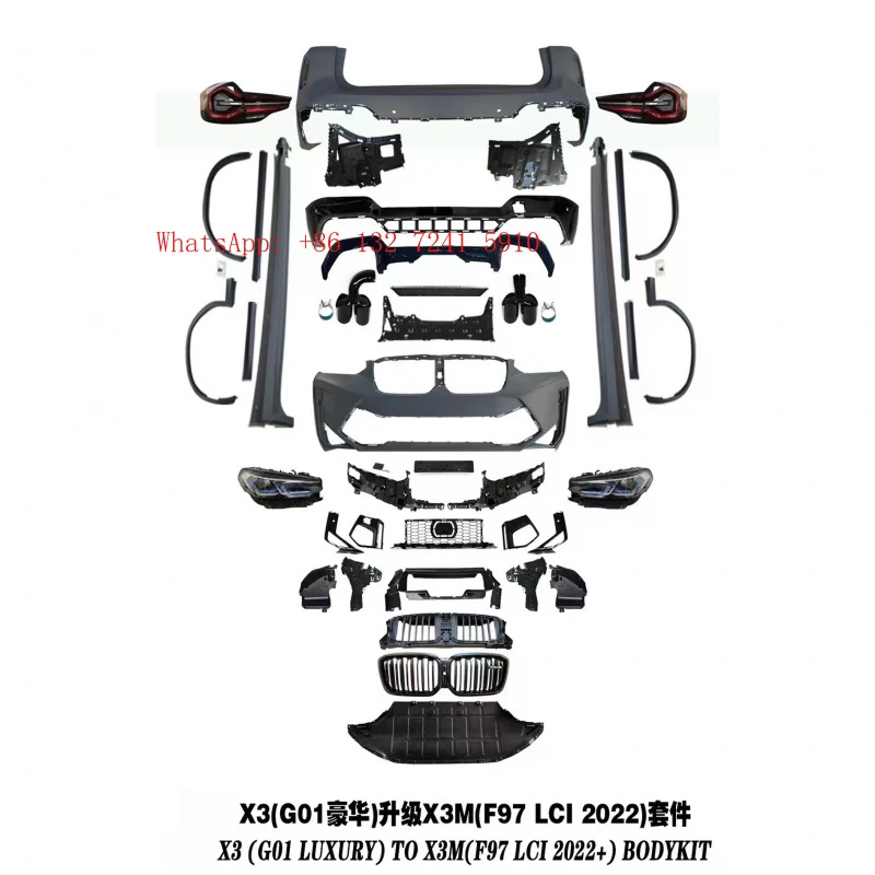 This kit is for upgrading older X3 models to the new G01/G08 models and includes front and rear bumpers, headlights, and taillig