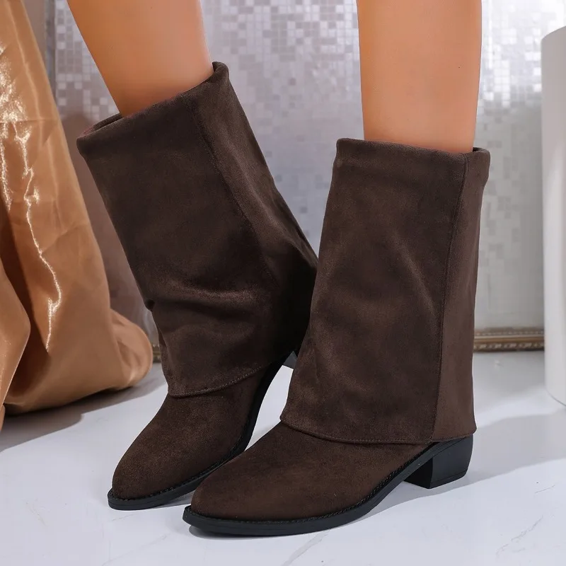 

Pointed Toe Women Mid Heels Mid Boots 2025 Suede Winter Casual Shoes Designer Chelsea Dress Pumps New Fashion Zapatillas Mujer