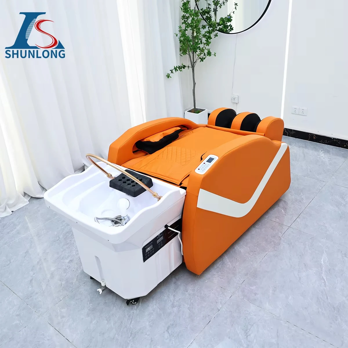 Orange & White Shampoo Massage Bed with Independent Mobile Sink, Reclining Hair Washing Bed for Beauty Salon Head Spa Scalp Trea