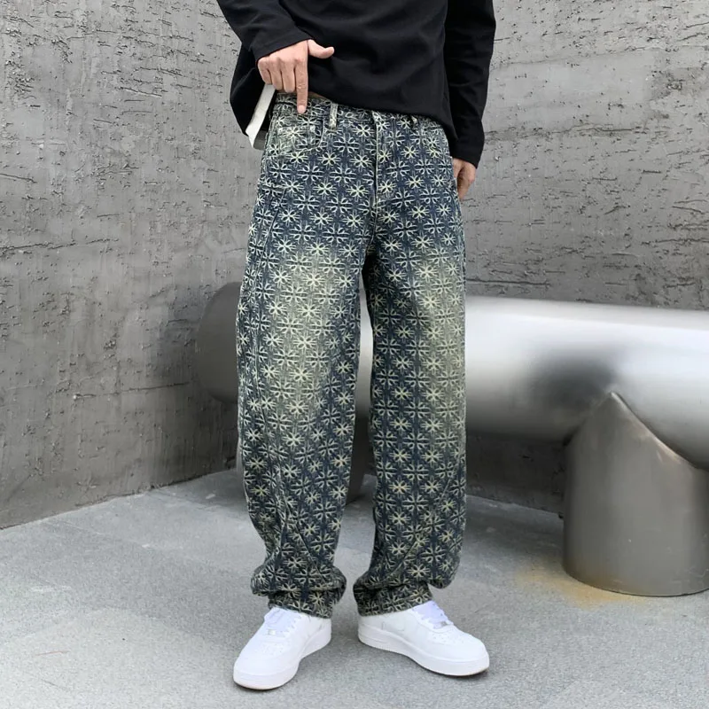 

Retro Printed Jacquard Embroidered Curved Knife Jeans For Men With A Niche Design Loose Fitting Straight Leg Wide Street Pants