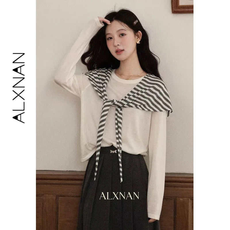 

ALXNAN бежевые топы с длинными рукавами, полосатая шаль, вязаный свитер с обычными плечами и круглым вырезом, новые повседневные универсальные пуловеры L57169-2