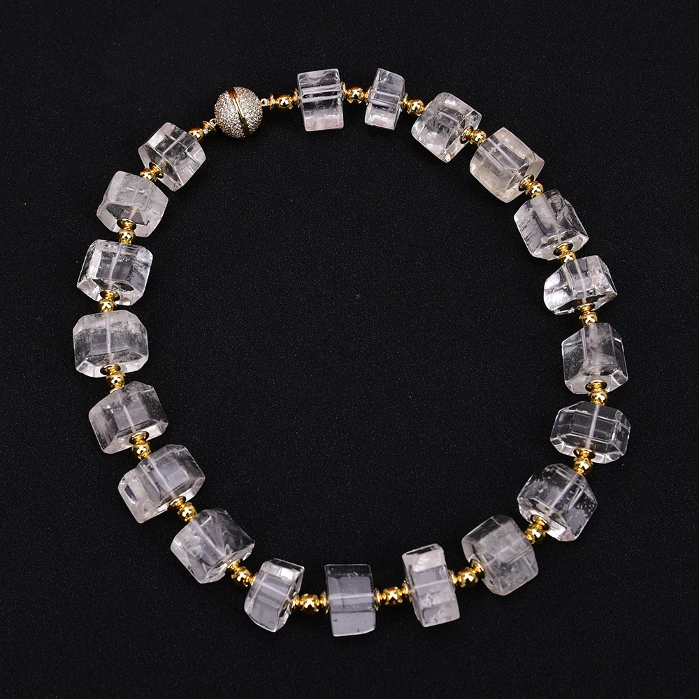 

G-G Natural Clear Quartz Rock Crystal Faceted Cylinder Nugget Real Gemstone Choker Necklace CZ Zircon Clasp For Women