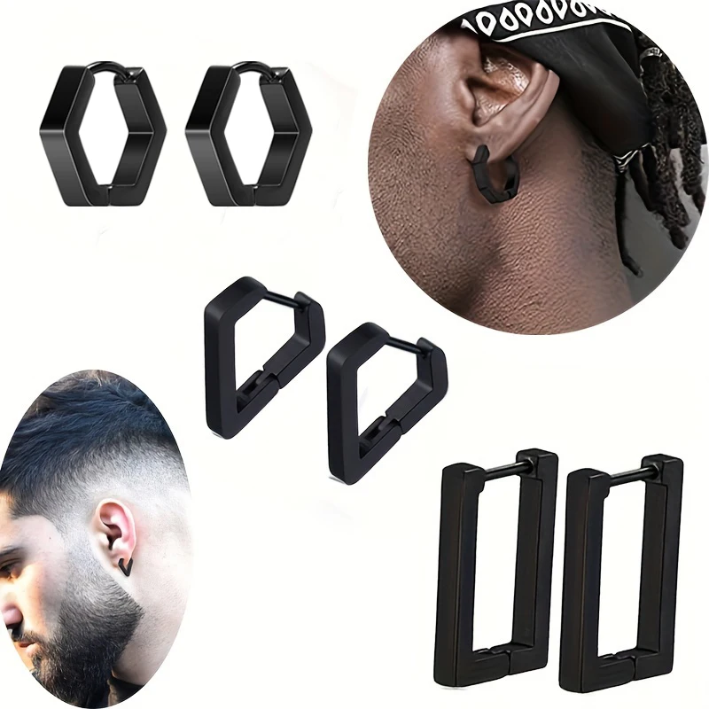 1/3 Pairs Punk Gothic Stainless Steel Black Huggie Hoop Earrings for Men Women Heart Square Hexagon Geometric Stud Earrings