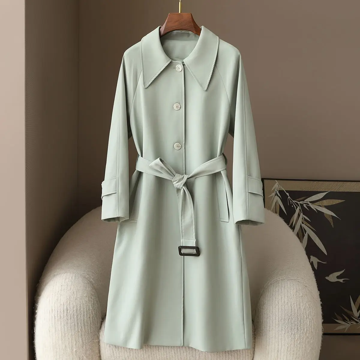 

2025 Spring and Autumn New Style Casual Windbreaker Coat for Women Long Style Tie Up Slim Fit Jacket