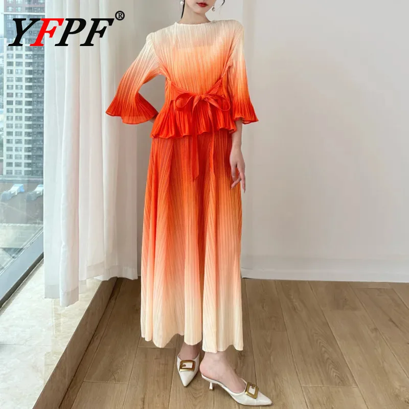 

YFPF Gradient Fashion Pleated Women 2 Piece Set Lace-up Waist T-shirt + Folds Long Skirt Elegant 2025 New Clothing 3A283