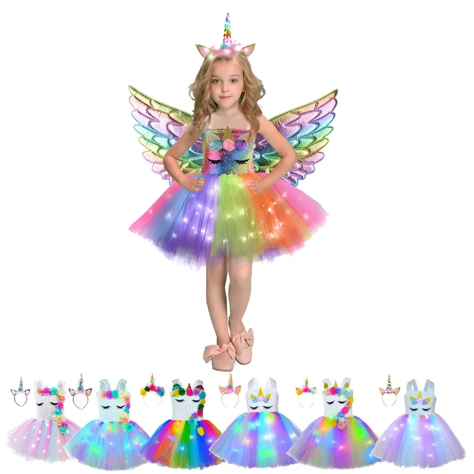 Cute Princess Sling Glowing Unicorn Dresses for Girls Birthday Party Children Performance Evening Tutu Dress Halloween Cosplay