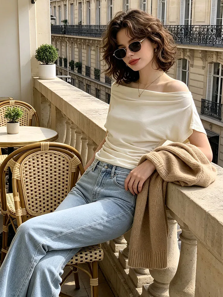 Women Off Shoulder Draped Neck Short Sleeve Top Side Ruched Slim Knit Blouse French Lazy Daily Office Commute Shirt