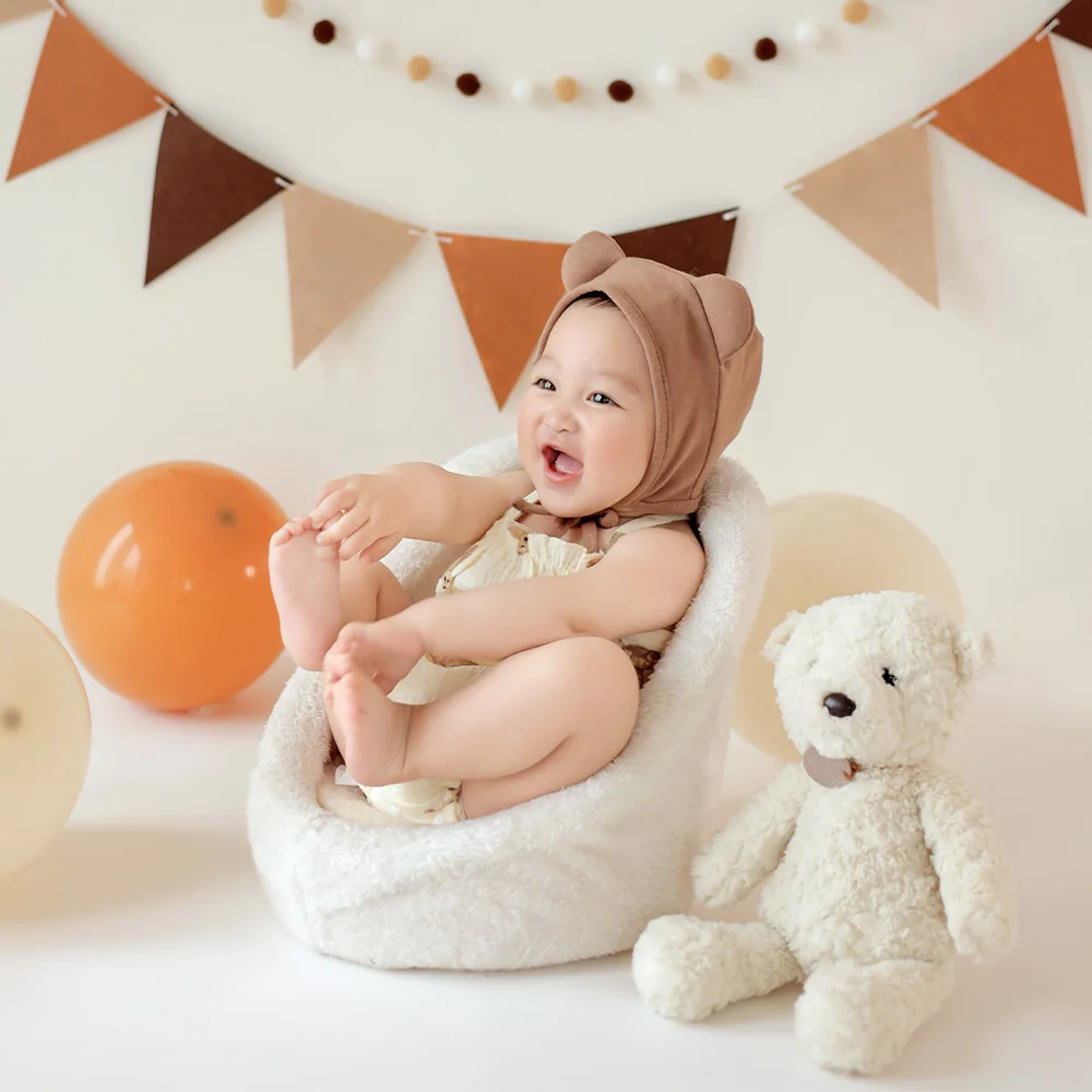 

Baby Costume Cute Bear Pattern Jumpsuit Hat 3-6 Month Baby Photography Outfits White Bear Doll Balloon Cake Decorate Accessories