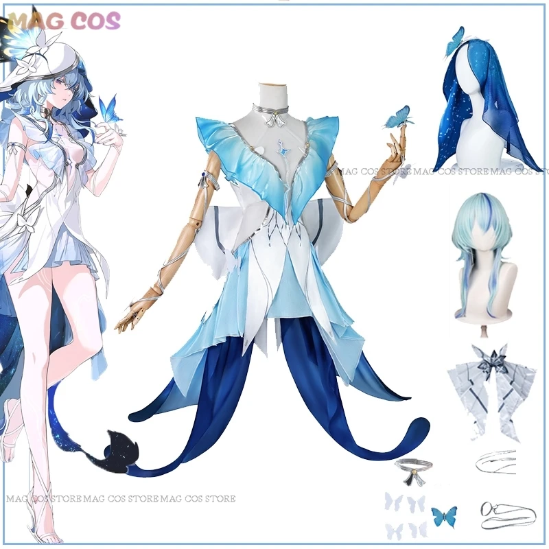 Wuthering Waves The Shorekeeper Cosplay  Costume Blue Butterfly Dress Anime Game Style Sexy Lolita Wig Halloween Christma Girls