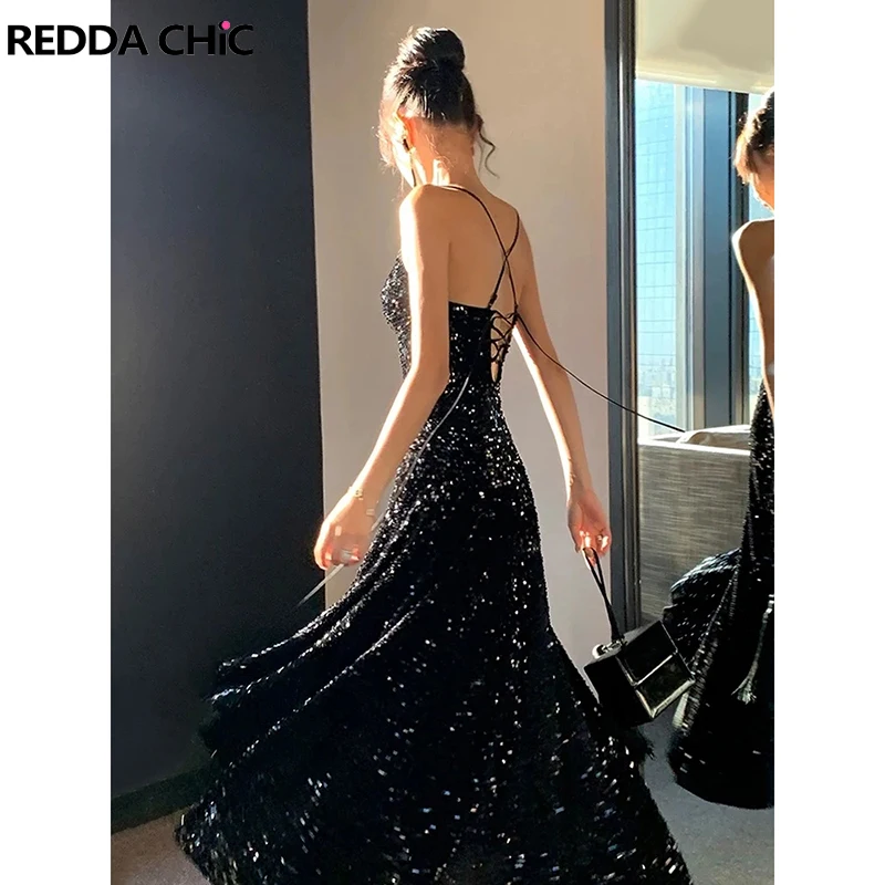 REDDACHiC Sparkle Party Black Dress Women Cami V-neck Backless Split Flowy A-line Maxi Long Dress Luxury Prom Cocktail Ball Gown