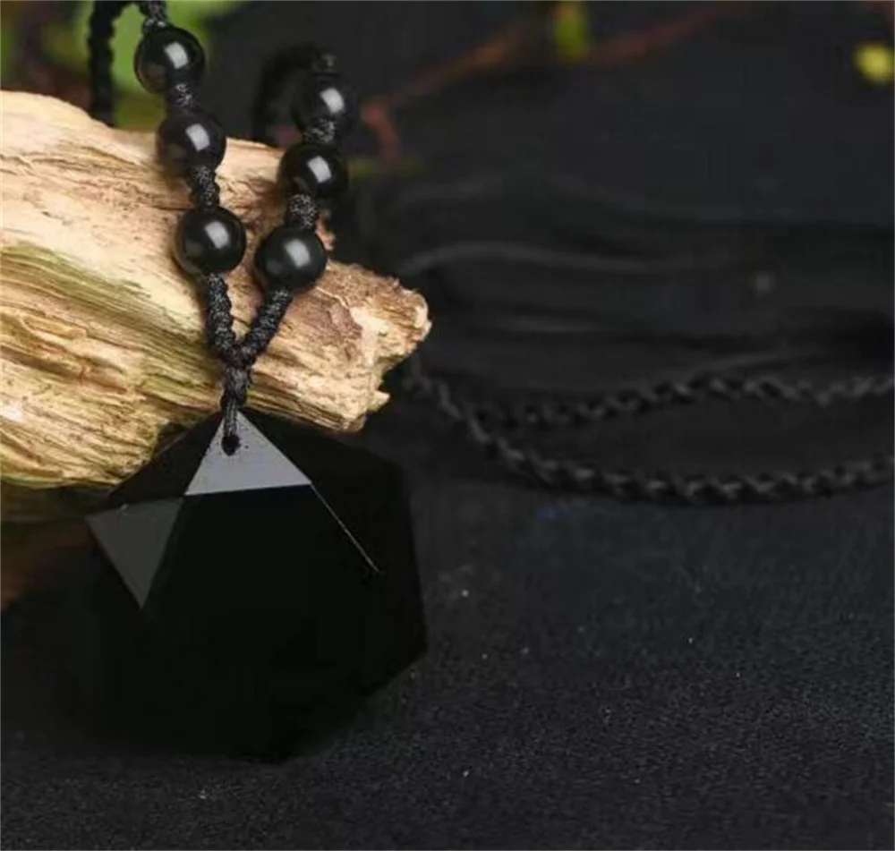 Natural Black Obsidian Carved Chinese Lucky Six Angle Star Faced Pendant Beads Necklace Fashion Crystal Trendy Gift Jewelry