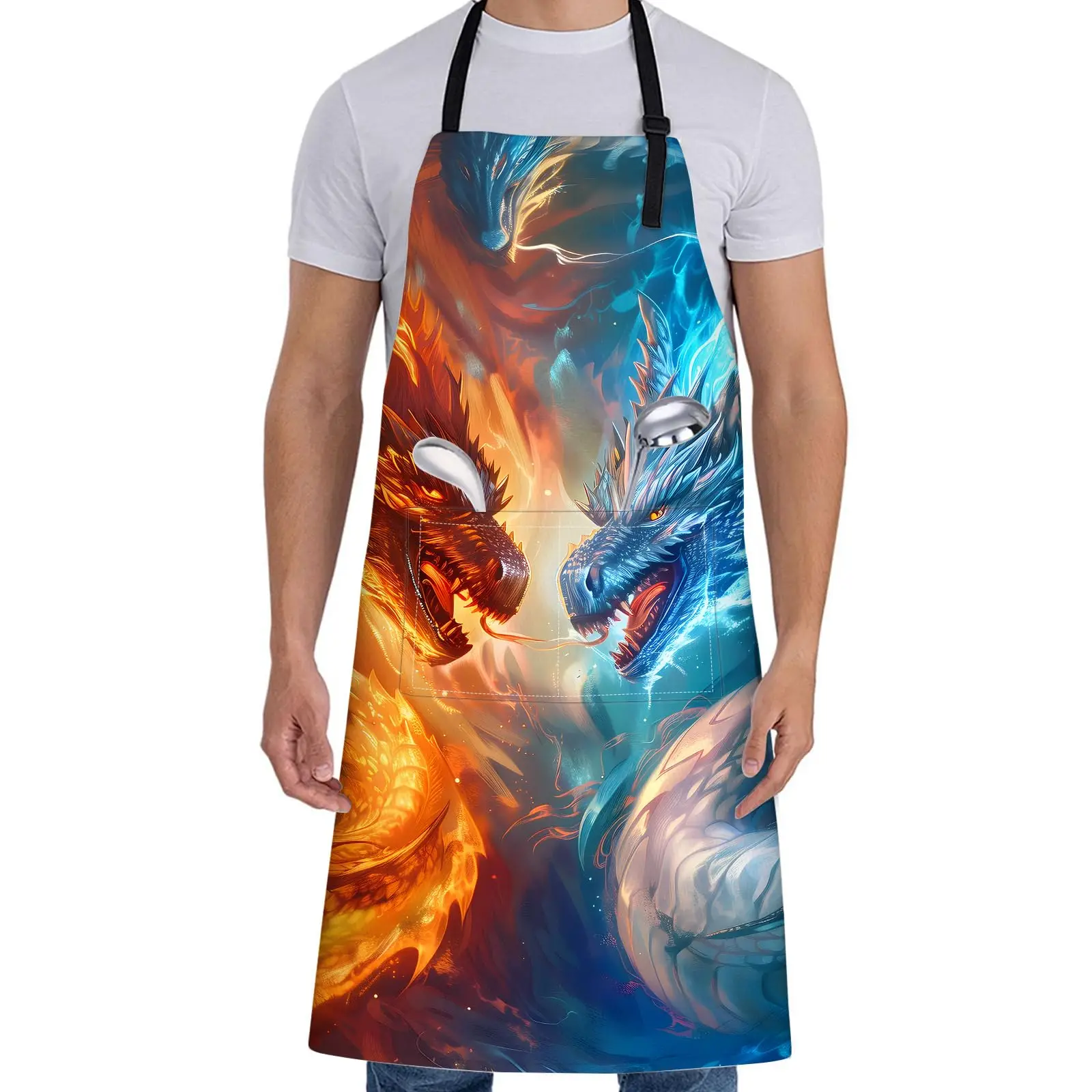 

Dragon Apron with Fiery and Icy Art Fantasy Kitchen Aprons Oxford Fabric,Epic Creative Adjustable Apron for Cooking Baking