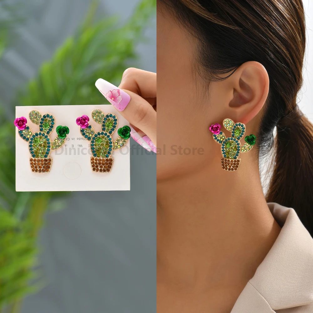 Cactus Female Unusual Decor Festival Party Jewelry Trend Luxury Full Rhinestone Charm Stud Earrings For Women Accessories Gift