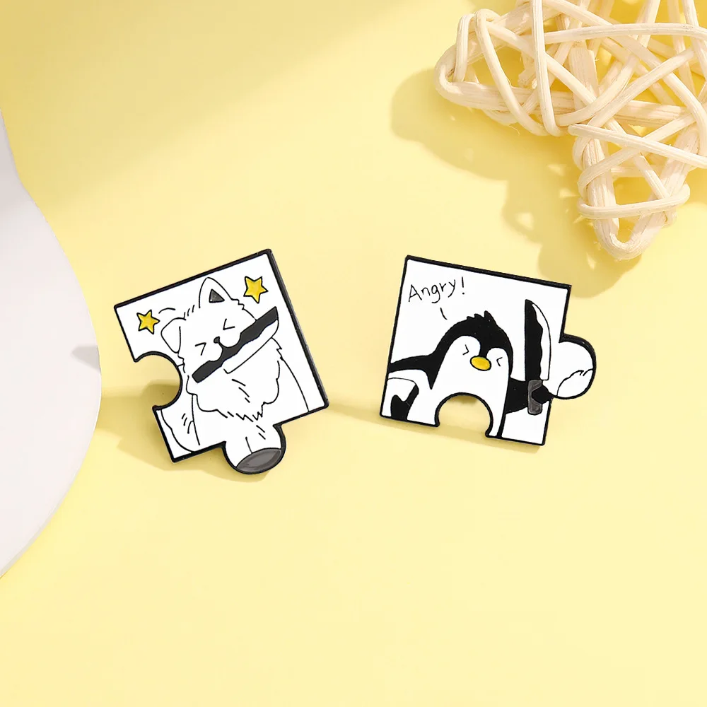 Creative Jigsaw Shape Design Enamel Brooch Cute Cartoon Animal Penguin Dog Knife Lapel Pin Badge Backpack Clothing Accessories