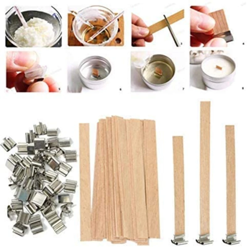 Wood Candle Wicks 30Pcs with Iron Stand Soy Parffin Beewax Wick Candle Cores Environmental-Friendly Wick DIY Candle Making Kit