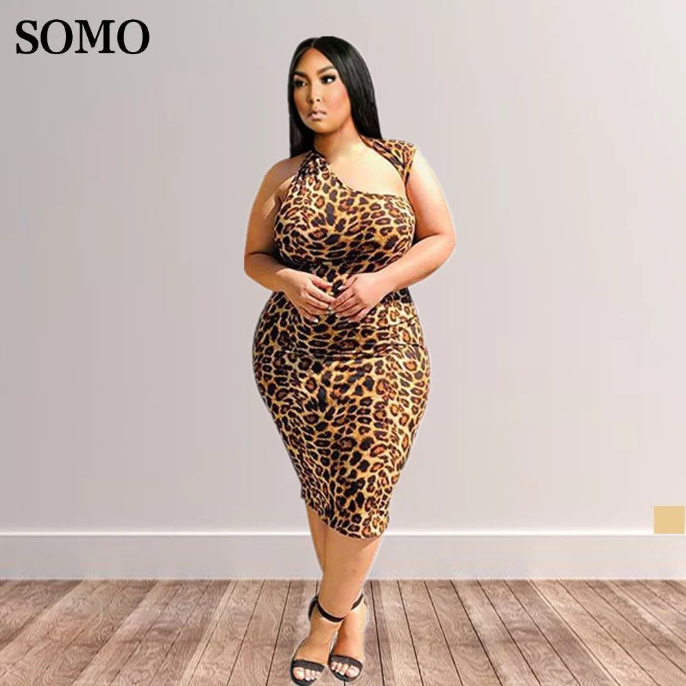 Sexy Hollow Out Fashion Leopard Print Women Plus Size Dresses Irregular Collar Sleeveless Midi Dress 2022 Wholesale Dropshipping