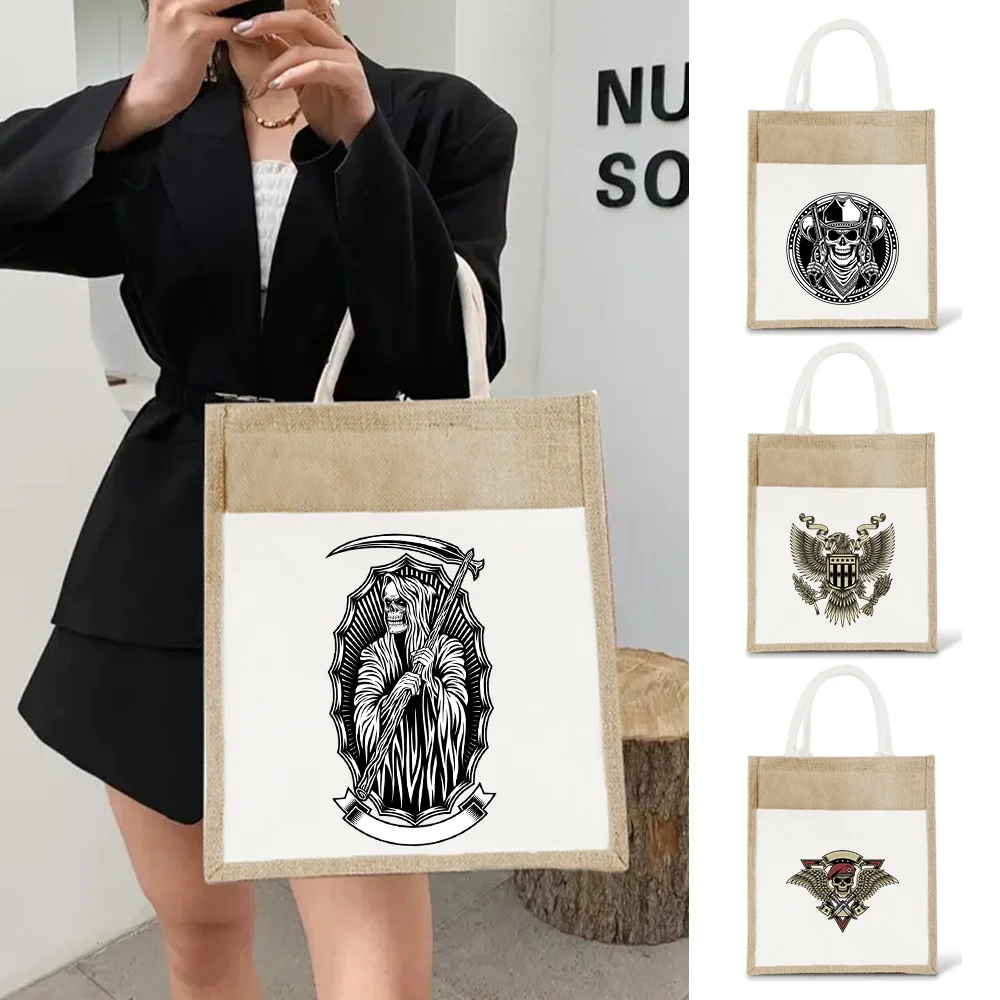 

Jute Bag Reusable Shopping Bag Lightweight Beach Handbags Shopper Purses Skull Pattern High Capacity Top Handle Grocery Bags