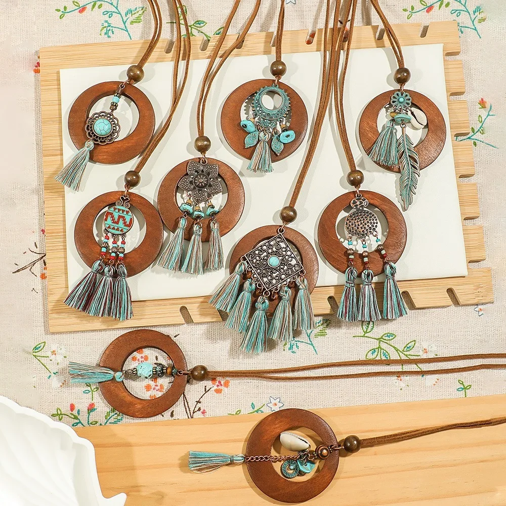 Fashion Ethnic Style Wooden Long Tassel Necklaces Bohmian Style Elegant Sweater Chain Daily Wear Originality Necklace