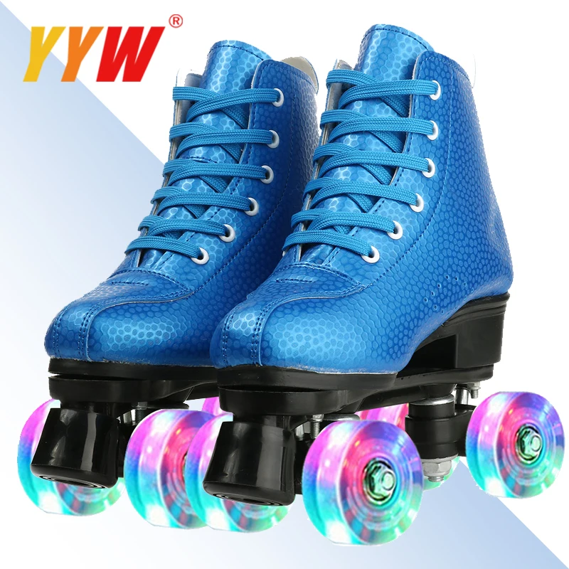 

Roller Skates Shoes Blue Skating Quad Adult Double Row Roller Shoes Patins Sliding Sneaker Beginner Microfiber Leather Shoes