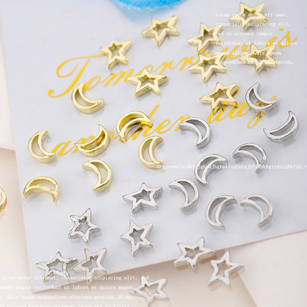 20Pcs Mini Alloy Hollow Star Moon Nail Charms 3D Metal Silver Shiny Star Moon Rivet Nail Decoration Mixed Cute DIY Nail Supplies