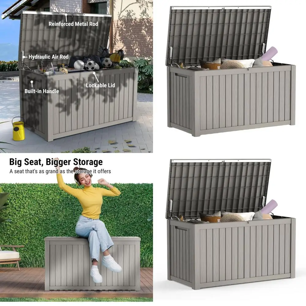 

Большой серый всепогодный ящик для хранения на открытом воздухе, вместимость 180 галлонов, водонепроницаемая палубная корзина для подушек для патио и снаряжения для бассейна