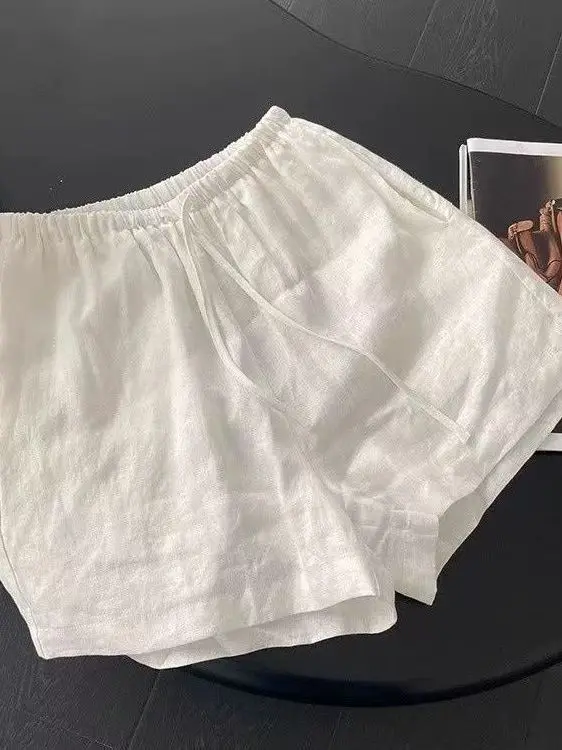 

White Cotton Linen Casual Shorts Women Summer New Loose Wide Leg Pants High Waist Straight Cut Breathable Comfortable mid Rise