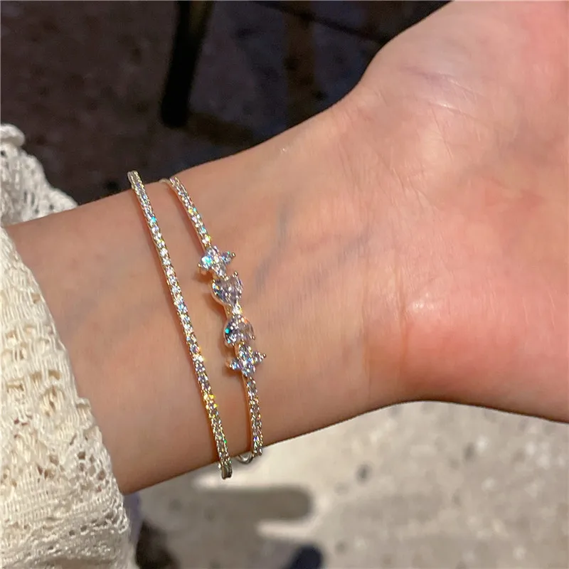 

CC романтический браслет, двухслойный браслет-манжета в форме банта, позолоченный 14 карат, браслет-манжета, блестящие ювелирные изделия из циркония, регулируемый размер, подарок J808