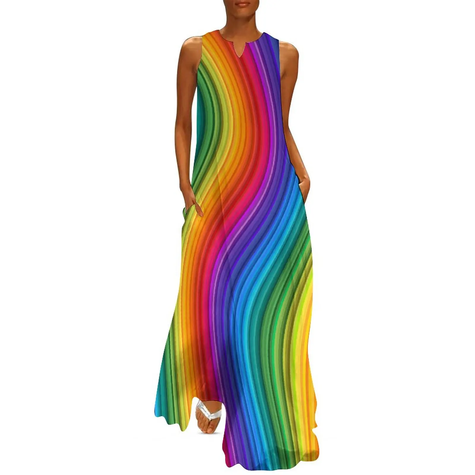 

Rainbow Wave Dress Glittering Swirl Elegant Maxi Dress V Neck Pattern Bohemia Long Dresses Streetwear Oversized Vestido