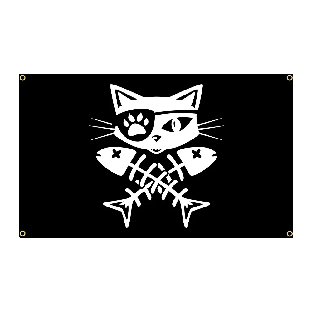 Pirate Cat Skull and Crossbones Flag Banner Feline Paw Print Jolly Roger Decoration