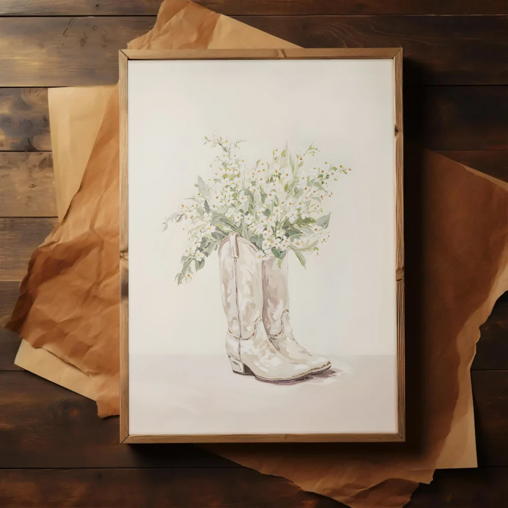 2D Flat, 1pc, Wall Art, Vintage Poster, Cowboy Boots Wall Art, Western Floral Nursery Poster Print, Marine Cowboy Style Livin