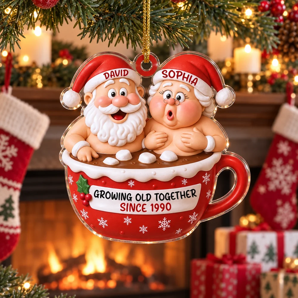 Custom Names Year Santa Couple Christmas Ornament, 2D Acrylic Hot Chocolate Mug Pendant, Growing Old Together Xmas Tree Keepsake - view 2