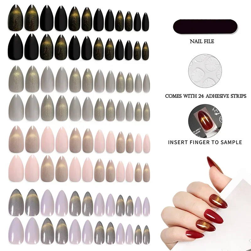 24 Pcs/set Press on Nails New French Golden Cat Eye Mask Nail Flakes Simple Aurora Fake Patch Short Almond Nail for Women Beauty