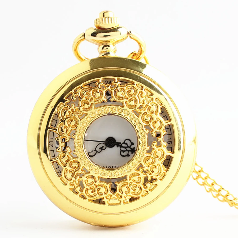 Antique Arabic Numerals Quartz Pocket Watch Vintage Gold Case Necklace Pendant Pocket Clock Chain Hollow Exquisite Pocketwatch