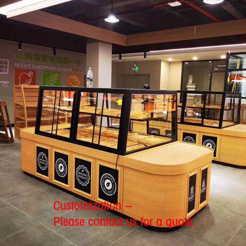 custom.Bread Design Customized Curved Commercial Bread Display Cabinet Trolley Rack Bakery Cake Island Side Display Cabine