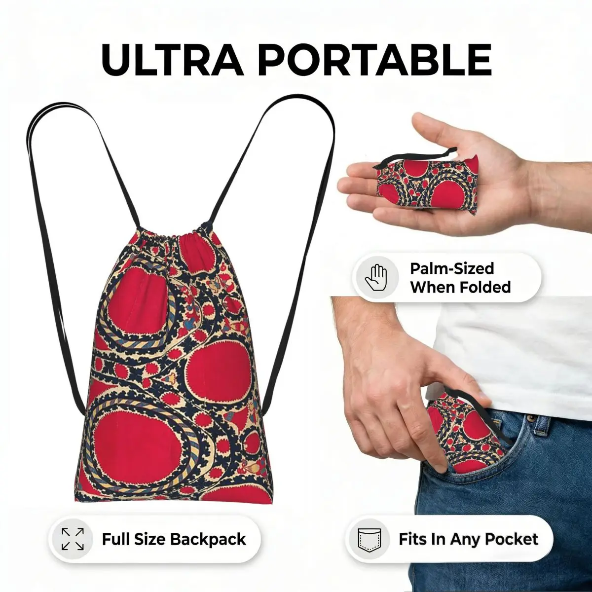 Tashkent Uzbekistan Central Asian Suzani Embroidery Print Drawstring Backpack hiking cycling Bag Portable Travel Drawstring Bag