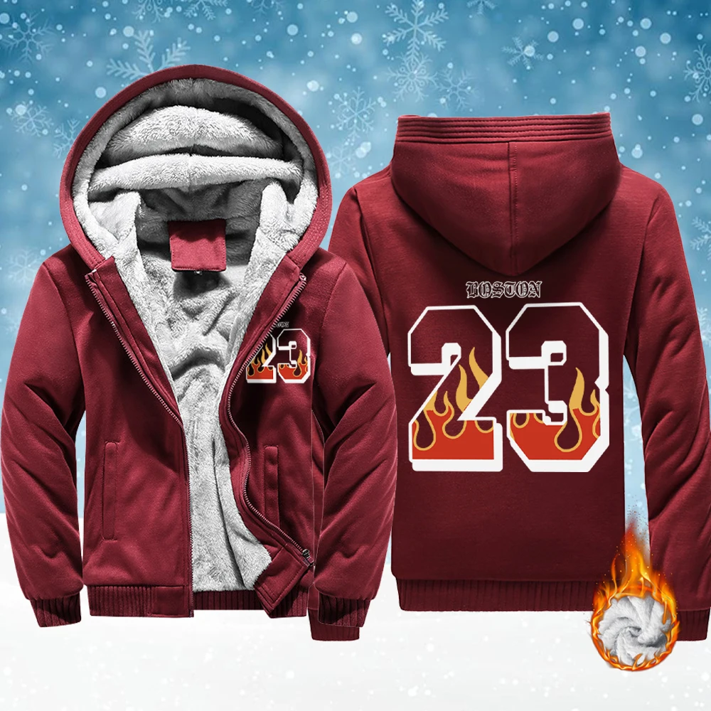 

Бостон номер 23, новые мужские флисовые модные куртки с принтом огня, базовая зимняя толстовка с капюшоном, теплое утепленное пальто, удобная спортивная одежда на молнии