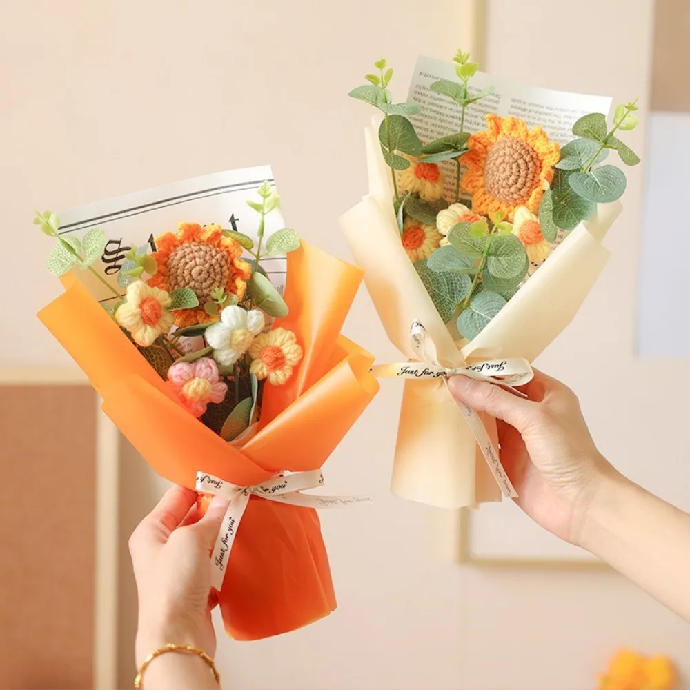 Ramo de flores artificiales de ganchillo, ramo de graduación de flores eternas hecho a mano, regalo de cumpleaños para el día de la madre