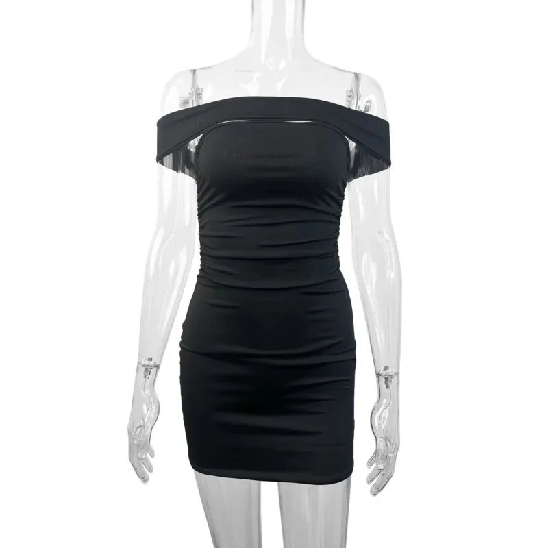เซ็กซี่ปิดไหล่ชุดสีดําสําหรับผู้หญิง SLIM FIT Ruched Bodycon ชุดเดรสสั้นชุดพรรค Elegant ฤดูร้อนสบายๆดูใหม่