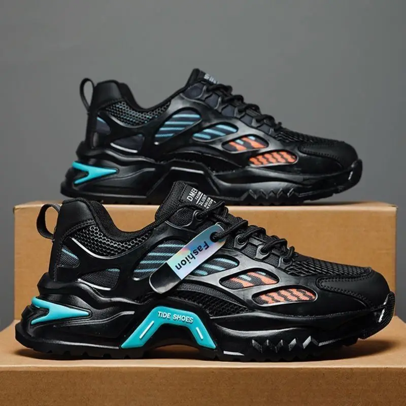 

Spring Men's Running Shoes Versatile Casual Sports Style Breathable round Toe Rubber Outsole Black Samurai Dad Trendy Sneakers