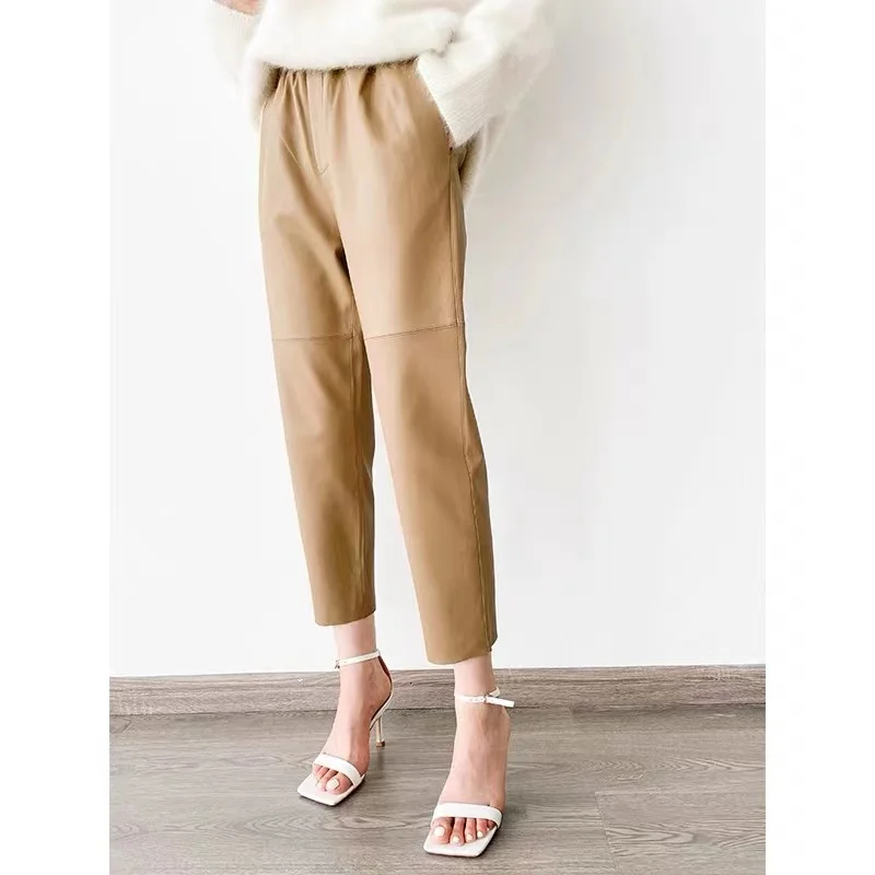 Khaki/Beige Leather Pants Autumn Winter Elastic Waist Oblique Pocket Casual Simple Versatile Real Sheepskin Ankle-Length Trouser