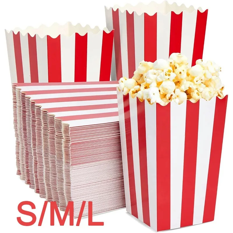 25Pcs Popcorn Paper Boxes Buckets Red White Stripes Bags Snack Container for Movie Night Birthdays Carnival Party Boxes Supplies